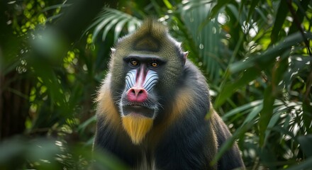 Fototapeta premium Vibrant Mandrill Monkey Portrait in Lush Jungle.