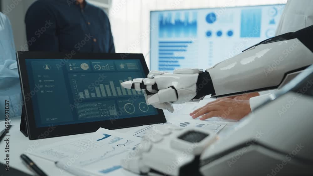 Aufkleber a futuristic workspace where ai-powered analytics refine corporate strategies, optimize decision-mak