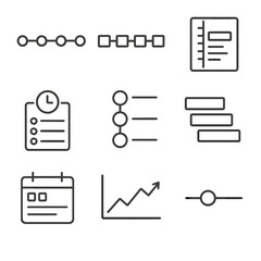 Timeline Data Icons. Line style icons of timeline-based data collection: event timeline icon, date marker row, hourly breakdown