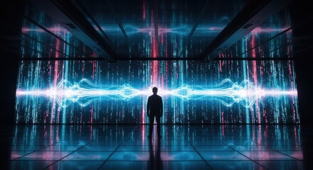 Silhouette stands before a digital waterfall of data and glowing energy waves