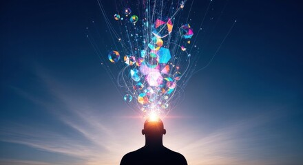 Silhouette with exploding colorful geometric shapes, representing creativity and imagination