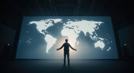 Silhouette with Open Arms Before a World Map Projection in a Dark Room