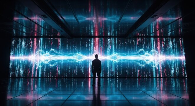 Silhouette stands before a digital waterfall of data and glowing energy waves