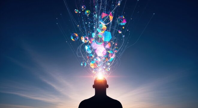 Silhouette with exploding colorful geometric shapes, representing creativity and imagination