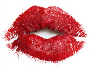 Close-up of vibrant red lips with subtle gloss and sugar crystals, against a white background - AI-Generated