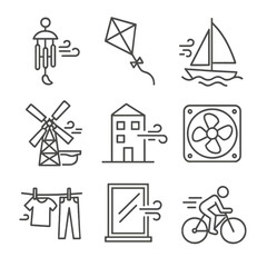 Wind-Powered Life Icons. Line style icons of wind applications in daily life: wind chime icon, kite flying in breeze, sailboat in