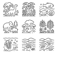 Fototapeta premium Fossil Icon Landscapes. Line style icons of fossil-era landscapes: dinosaur under trees, prehistoric jungle, fossil creatures in