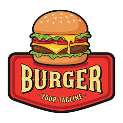 Vector art of burger logo with sesame bun, beef patty, melted cheese, lettuce, and tomato in retro sign design, perfect for restaurant branding, fast food menus, and marketing promotions