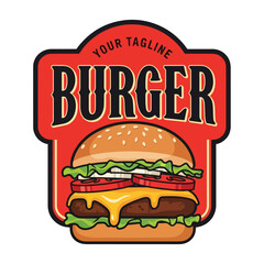 Vector art of burger logo with sesame bun, beef patty, melted cheese, lettuce, and tomato in retro sign design, perfect for restaurant branding, fast food menus, and marketing promotions