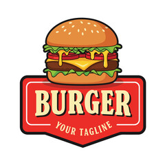 Vector art of burger logo with sesame bun, beef patty, melted cheese, lettuce, and tomato in retro sign design, perfect for restaurant branding, fast food menus, and marketing promotions