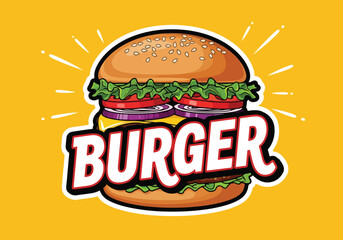 Vector art of burger logo with sesame bun, lettuce, tomato, onion, and beef patty in bold emblem style, ideal for restaurant branding, fast food menus, and marketing promotions