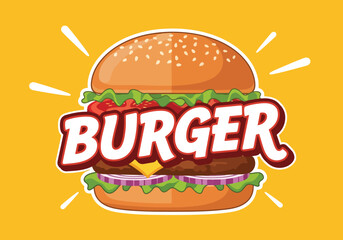 Vector art of burger logo with sesame bun, lettuce, tomato, onion, and beef patty in bold emblem style, ideal for restaurant branding, fast food menus, and marketing promotions