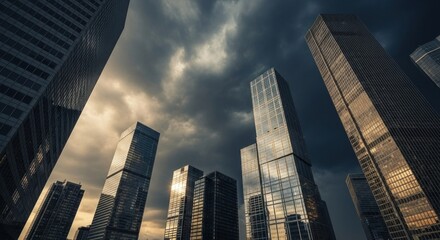 Fototapeta premium Skyscrapers pierce dramatic clouds, reflecting sunlight in a modern urban landscape.