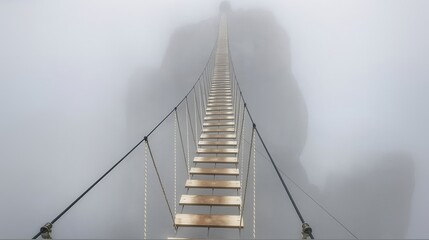 Suspended wooden bridge leads through dense fog in a mountain region, inviting adventure and exploration on a misty day
