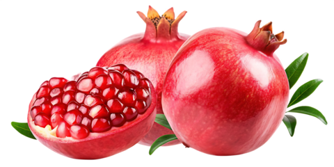 Whole and halved pomegranates with seeds isolated on a transparent background fruit