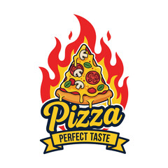 Vector art of hot pizza logo with cheesy slice, mushrooms, tomatoes, and basil over fiery flames, perfect for restaurant branding, fast food marketing, or menu design