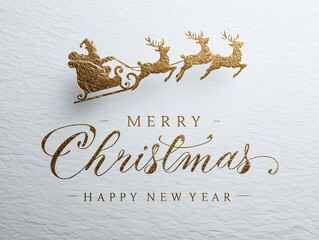 Festive greeting card with Santa Claus silhouette, Merry Christmas and Happy New Year messages in gold cursive font on a textured parchment background - AI-Generated