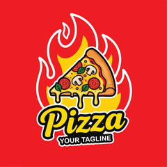 Vector art of hot pizza logo with cheesy slice, mushrooms, tomatoes, and basil over fiery flames, perfect for restaurant branding, fast food marketing, or menu design