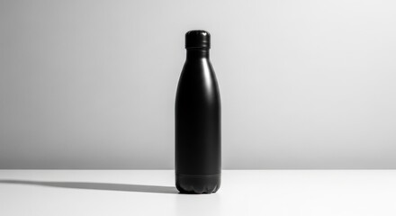 Sleek black reusable water bottle standing on a white surface with soft shadows
