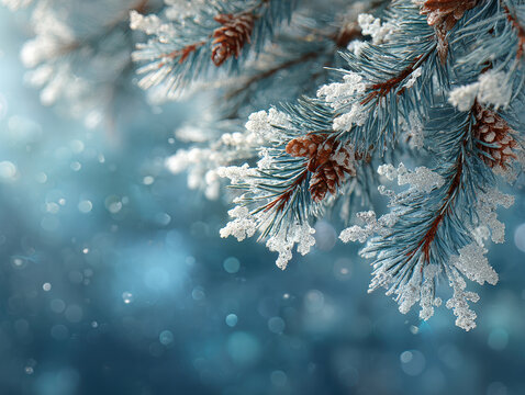 Close-up view of snowy pine branches against a vibrant blue backdrop, vivid colors, soft lighting, naturalistic style with artistic touch - AI-Generated - Powered by Adobe