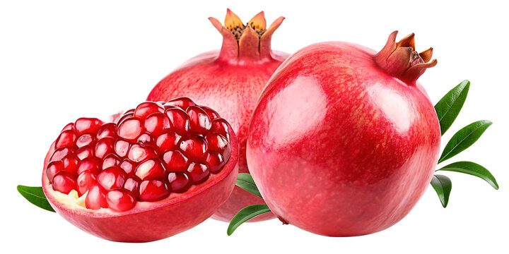 Whole and halved pomegranates with seeds isolated on a transparent background fruit