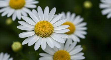 Obraz premium White daisy flowers with yellow centers on a dark green background.