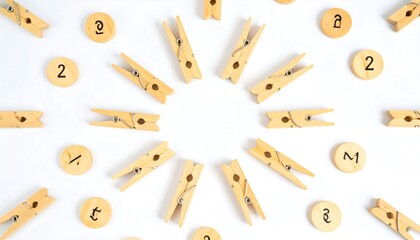 Wooden clothespins arranged in a circle design with numbered circles