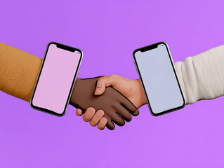 Modern scene of three handshakes, each pair distinct in skin tone Smartphones held by each hand, screens glowing against a dark backdrop Symbolic act of human interaction blended with - AI-Generated