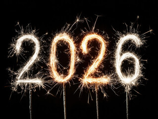 Vertical arrangement of tilted upwards sparklers in the shape of 2026, displaying a New Year celebration against a dark backdrop - AI-Generated