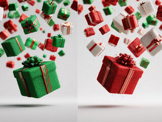 A festive arrangement of Christmas gifts on a white background, showcasing varying sizes, red and green colors, patterned wrapping, and ribbons Soft, diffused lighting enhances texture - AI-Generated