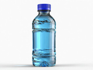 Plastic water bottle with blue tinted, possibly flavored or treated liquid Blue cap Upright on light fabriccarpet surface Small droplet at bottom Soft lighting without harsh shadow - AI-Generated
