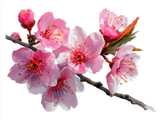 A realistic still life painting showcases three blooming peach flowers, each with five pink petals fading to white The scene is set against a subtle background, with the focus on the b - AI-Generated