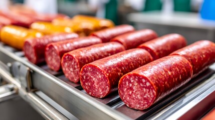 Salami production line showing freshly made sausages moving on conveyor belt