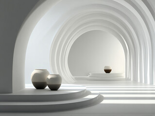 Modern minimalist hallway with curved walls, natural sunlight, long shadows, vases on pedestals, brown and beige cylindrical vases, soft lighting, white surrounds, clean contemporary st - AI-Generated