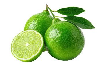 Fresh limes with leaves and a sliced lime