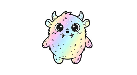 Naklejka premium Cute rainbow monster isolated on transparent background a charming illustration of a colorful, furry monster with horns and big eyes, perfect for childrens designs and whimsical projects
