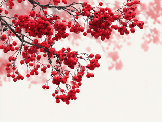 Close-up view of a sinuous branch with densely packed red berries, soft background, pinkish foliage, contrasting neutral tones, gentle lighting, realistic style with artistic enhancemen - AI-Generated