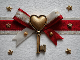 A golden key with a heart-shaped handle is displayed on a white background, attached to a red velvet ribbon adorned with gold stars - AI-Generated