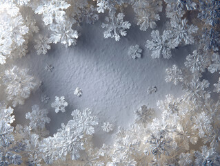 Close-up of intricate, symmetrical snowflakes against a textured white background, showcasing various shapes and sizes with subtle gray and blue hues High-angle shot focusing on layere - AI-Generated