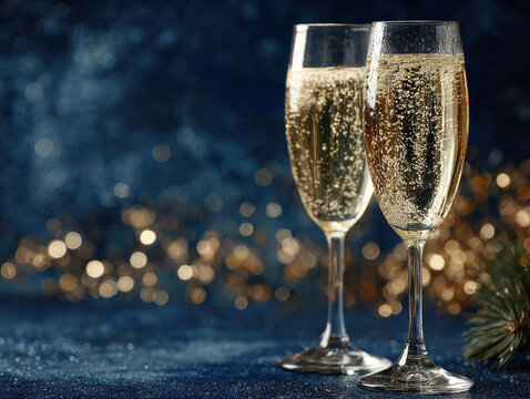 Champagne glasses on reflective surface, festive background with tinsel and greenery, soft ambient lighting, elegance, slight angle perspective, champagne, bubbles - AI-Generated