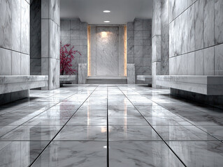Modern hallway with large rectangular tiles, sleek bench, red plant, marble walls, white doors with golden handles, soft lighting - AI-Generated