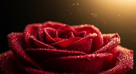 Naklejka premium Close-up of dew-covered rose petals illuminated by warm light, showcasing rich reds and sparkling highlights for a romantic effect.