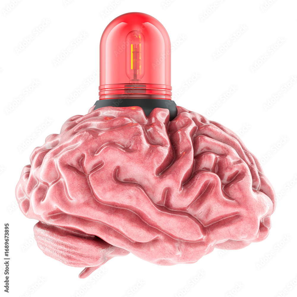 Poster brain with red siren light. 3d rendering