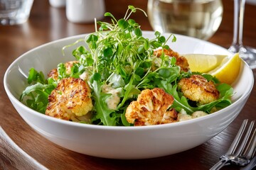 Roasted cauliflower steaks salad with microgreens and lemon dressing