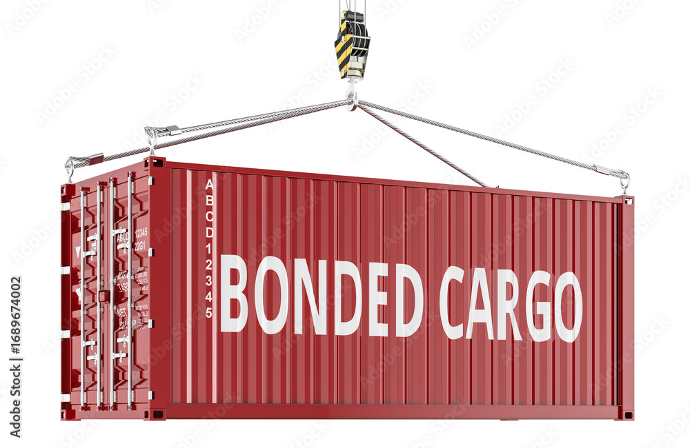 Poster shipping container with bonded cargo text on crane hook. 3d rendering
