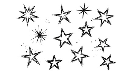 Obraz premium Collection of handdrawn star isolated on transparent background, featuring various shapes and sizes, perfect for adding a touch of celestial charm to any design