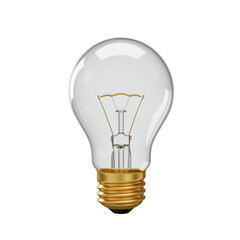 Clear glass incandescent light bulb with brass base isolated on transparent background