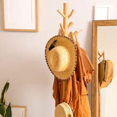 Wooden coat rack with hats and clothes