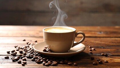 Hot coffee on wooden table