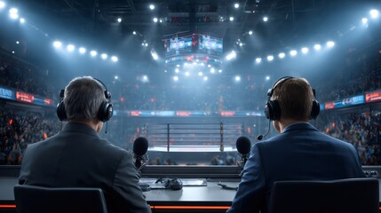 Two sports commentators broadcasting a live event from their booth in arena